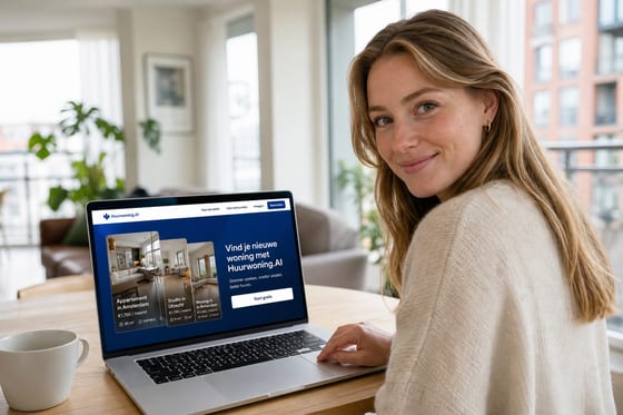 Woman searching rental homes on a laptop with Huurwoning.AI